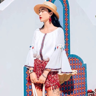 Áo sơ mi tay xòe Vintage, phong cách bohemian họa tiết thổ cẩm