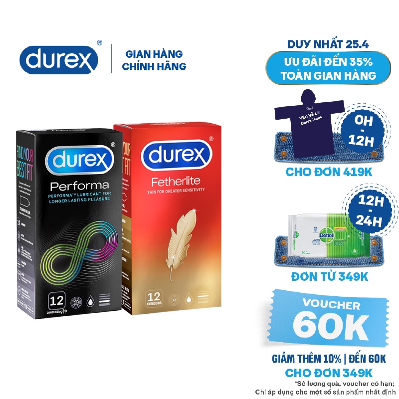 Bộ 1 hộp bao cao su Durex Performa 12 bao/hộp + tặng 1 hộp Durex Fetherlite 12 bao/hộp