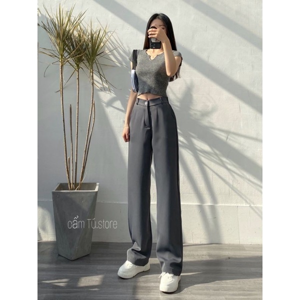 Quần ống suông nữ lưng cao đen dáng đứng dài công sở chất vải mềm - Quần ống rộng culottes cạp cao khóa trước mặc đi học