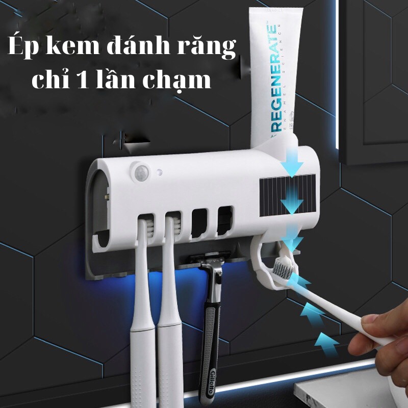 Giá Treo Bàn Chải Đánh Răng Kết Hợp Nhả Kem Được Trang Bị Khử Khuẩn Bằng Tia UV, Dán Tường Không Cần Đục Lỗ