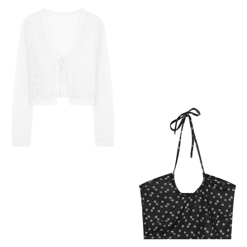 Áo khoác cardigan tay dài thắt dây/ Áo kiểu cổ yếm họa tiết hoa IHKKE thời trang mùa hè dành cho nữ