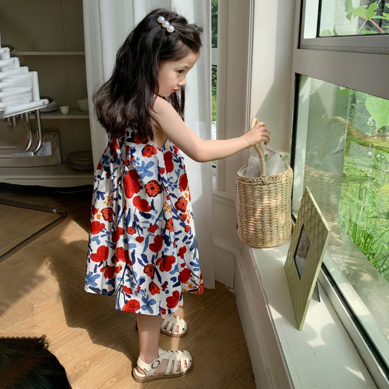 Se7en Đầm Công Chúa Mùa Hè Hai Dây Eo Phồng In Họa Tiết Hoa Phong Cách Hàn Quốc Cho Bé Gái