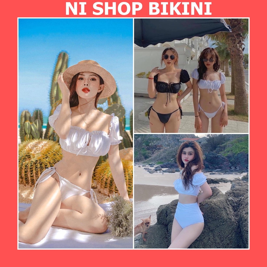 Bikini nữ 2 mảnh tay cộc trễ vai bèo quần tam giác và cạp cao R08