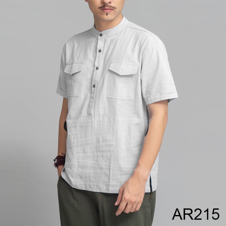 Áo đũi nam cộc tay cổ tàu 2 túi ngực thời trang, áo sơ mi nam vải đũi cộc tay chất | BigBuy360 - bigbuy360.vn