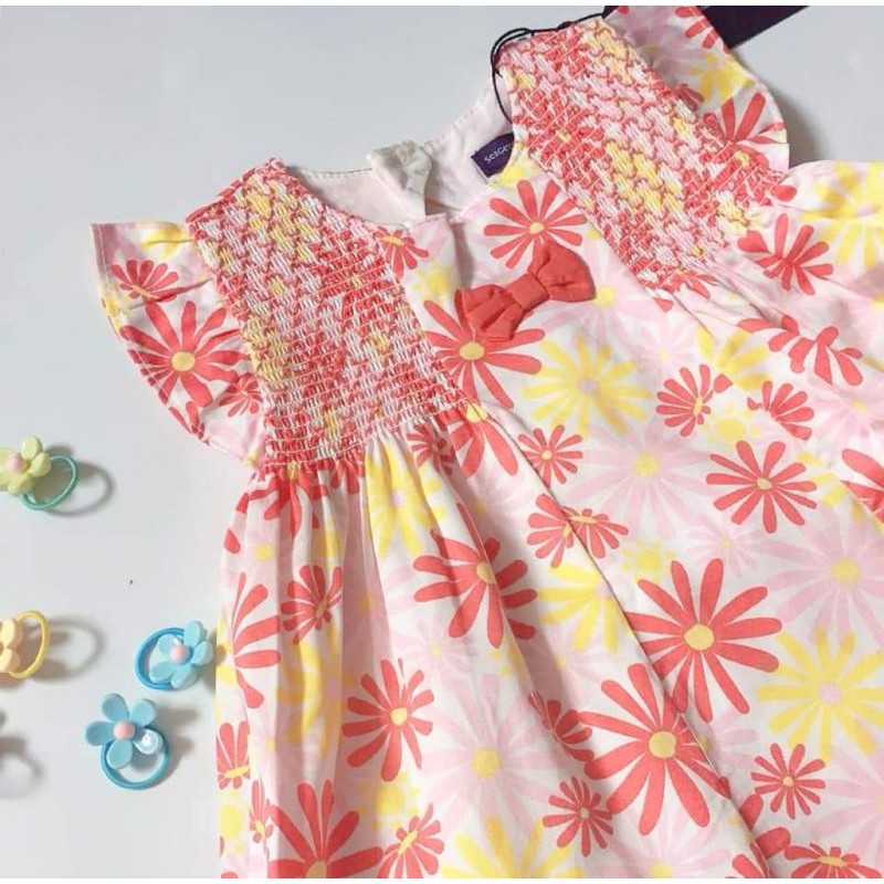 Set đầm Smock hoa + chip Sergent Major xuất Pháp