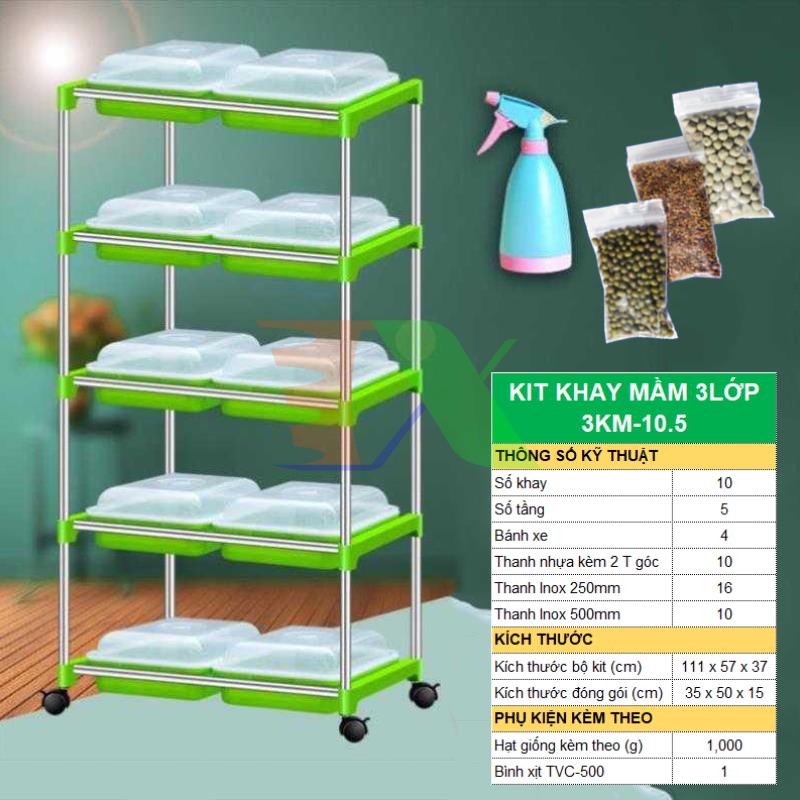 Bộ kit Khay trồng rau mầm thủy canh 3 lớp 3KM-10.5, Gồm Khay, Giá đỡ, Bình xịt, Hạt giống