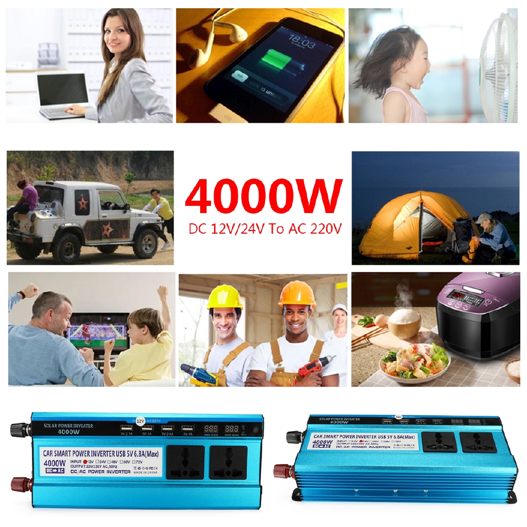  4000W Peak Car Power Inverter LED Display 12V DC to 220V AC 