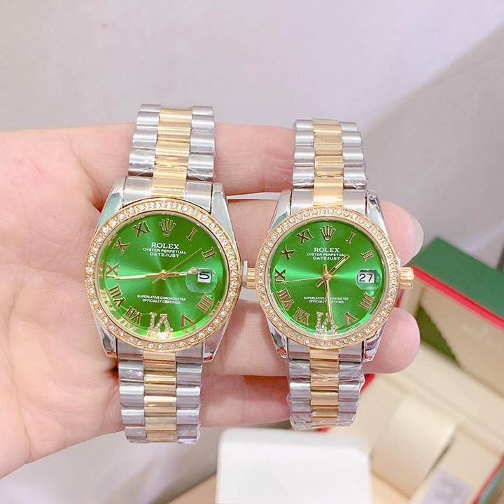 Đồng hồ Rolex nam nữ viền đá, mặt số la mã đính đá, dây đúc hợp kim không gỉ, không phai màu - Bảo hành 12 tháng