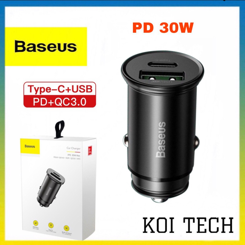 Tẩu sạc oto nhanh 5a Baseus 2 cổng tpye c và usb có qc 3.0 - củ sạc nhanh trên oto 30W có đèn led - KOI TECH