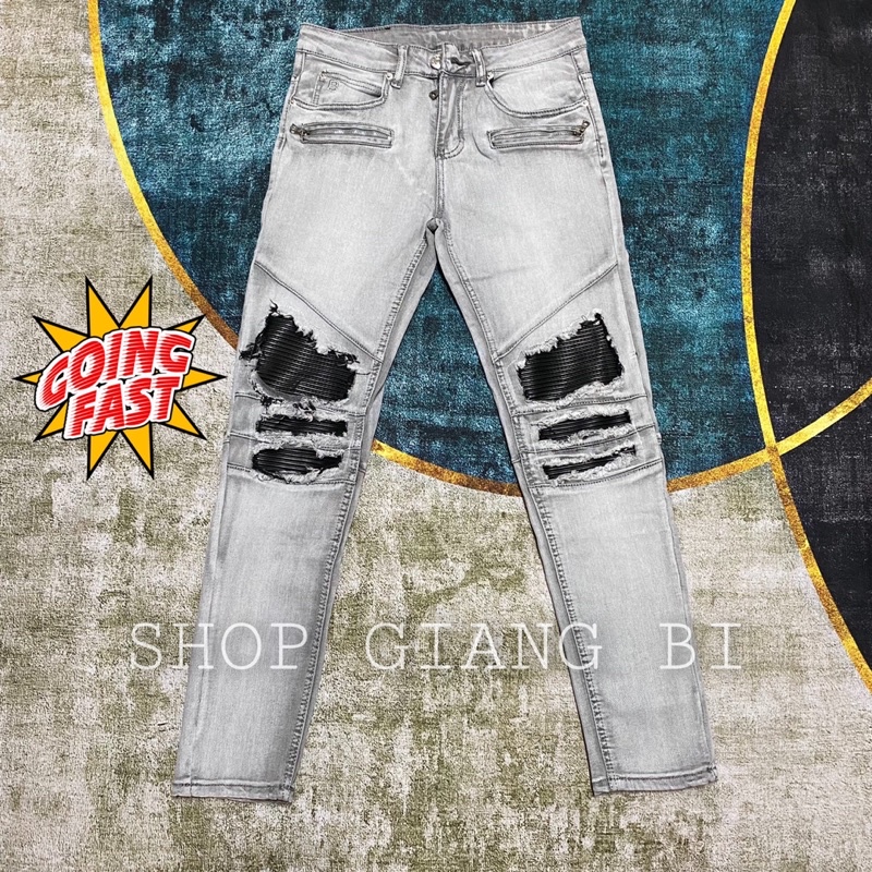 Quần jean bạc vá da nhăn phối khoá zip,quần bò màu bạc vá da nhăn phối khoá