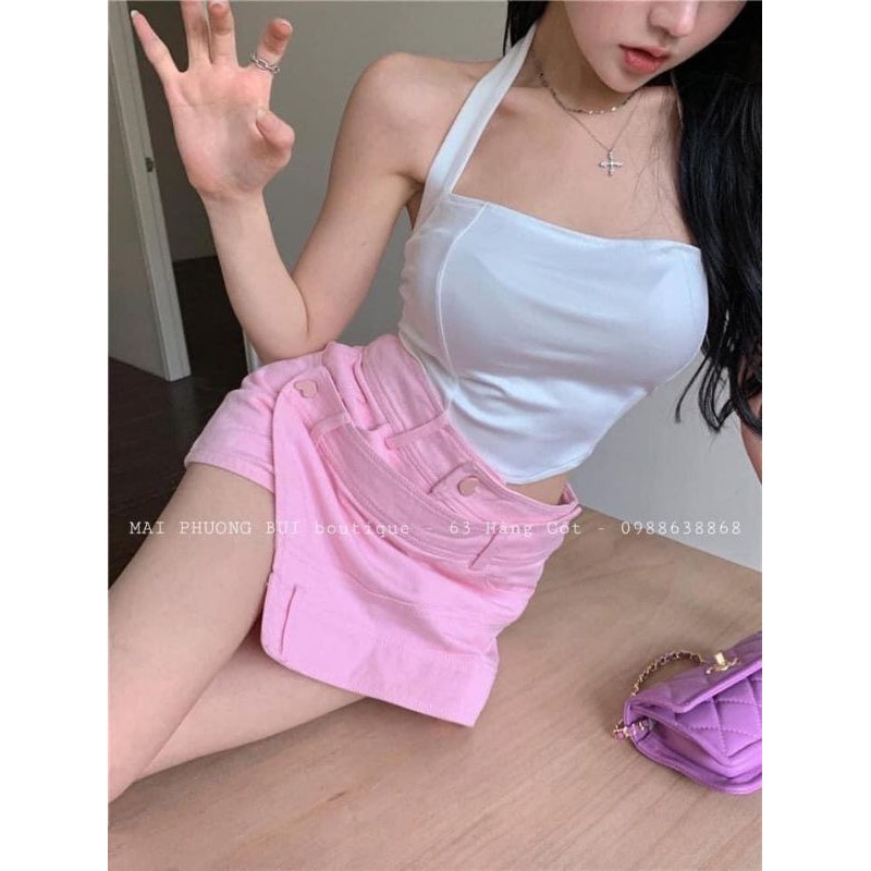Quần jean giả váy hồng khuy tim hàng QCL1