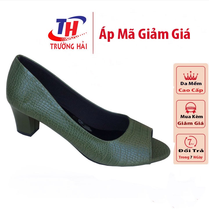Giày cao gót Hở Mũi da Mềm cao cấp  Màu xanh Trường Hải gót trụ 5cm Đế cao su không trơn CG310