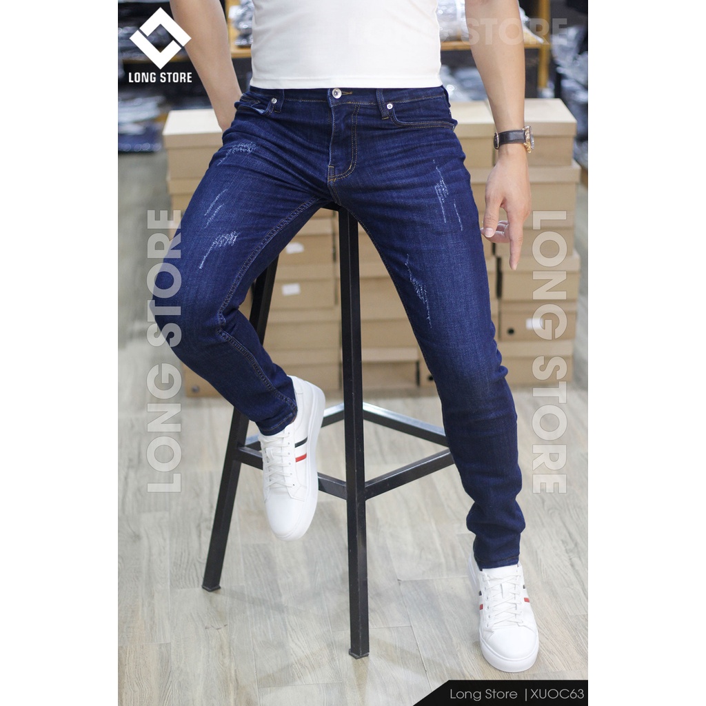 Quần jean nam xước cao cấp ống đứng dáng ôm skinny màu xanh đậm chất bò co giãn LONGSTORE Xuoc63 | BigBuy360 - bigbuy360.vn