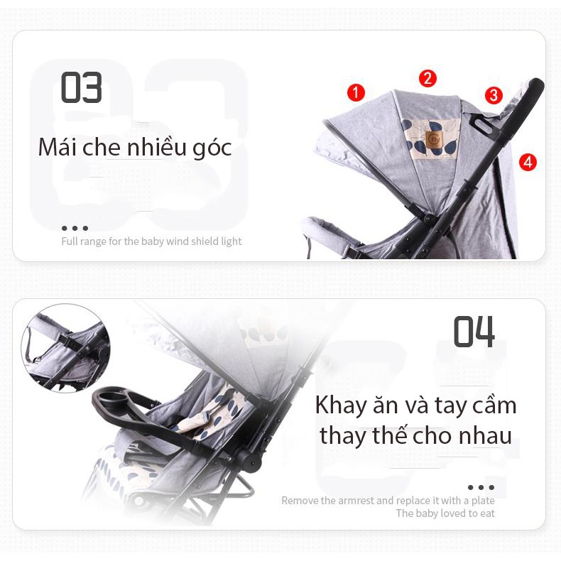 Xe đẩy gấp gọn 2 chiều 3 tư thế thương hiệu FLY thiết kế của Đức, siêu nhẹ với hơn 6kg (xám)