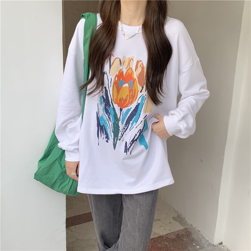 Áo sweater tay dài dáng rộng in họa tiết cá tính phong cách Hàn Quốc thời trang dành cho nữ