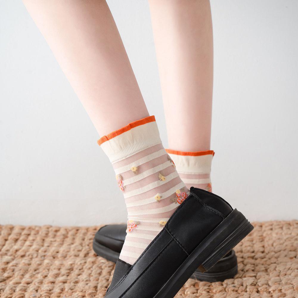 NICKOLAS Vớ Hoa Trong Suốt Thoáng Khí Họa Tiết Kẻ Sọc Phối Bèo Phong Cách Hàn Quốc Cho Nữ