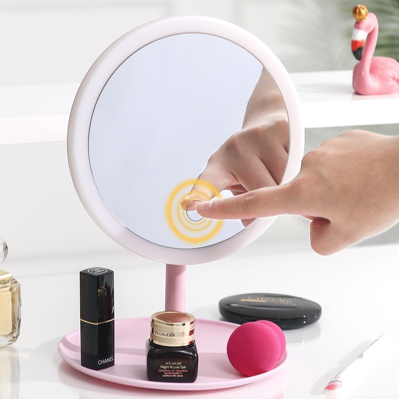 Gương Đèn Led MIUMIU Cao Cấp - Gương Tròn Led Soi Cảm Ứng Makeup Có Đèn Để Bàn Trang Điểm 3 Chế Độ Ánh Sáng
