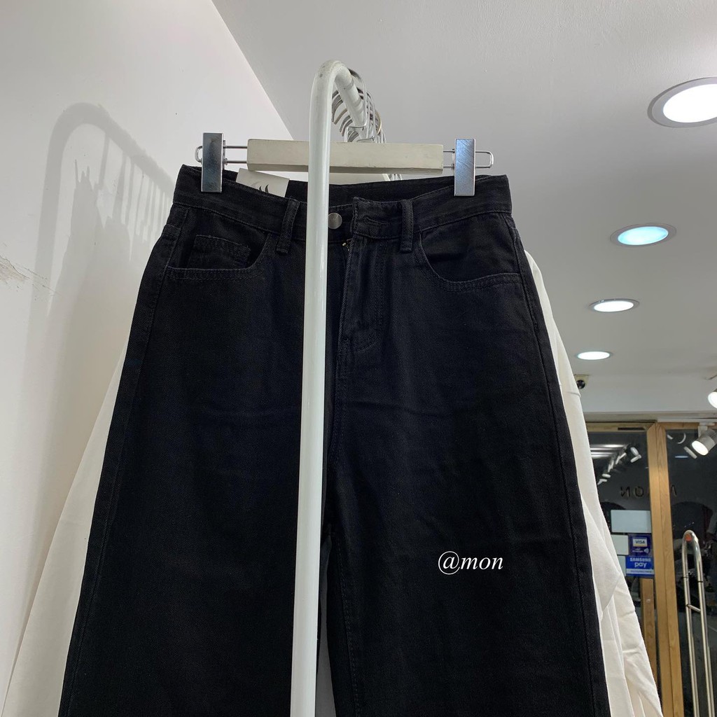 201053 Quần jeans ống rộng dáng suông vừa cho nữ chất jeans mềm màu đen trơn có size | BigBuy360 - bigbuy360.vn