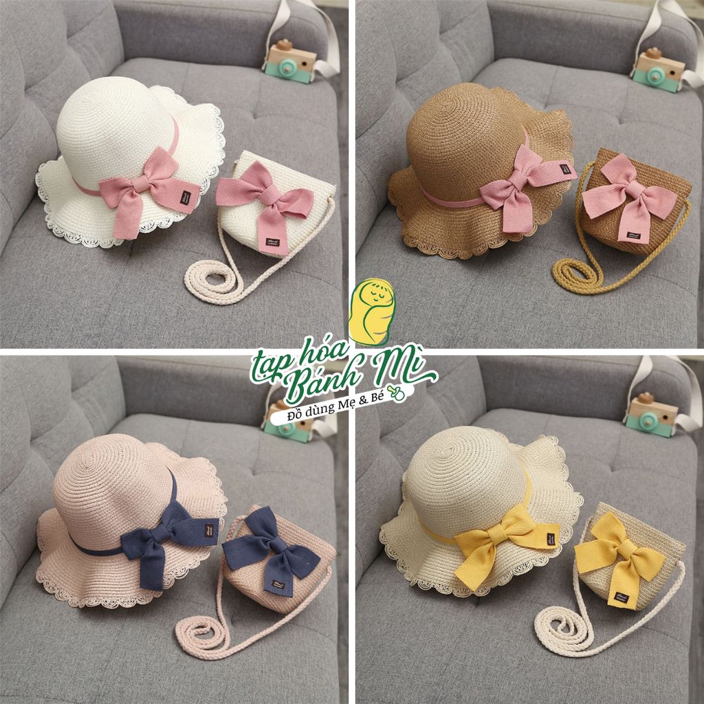 Set mũ nón rơm kèm túi thời trang cho bé gái đi chơi du lịch