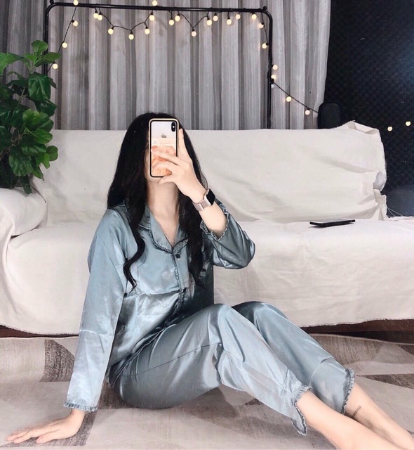 Đồ bộ pijama Lụa viền bèo-Tay dài Quần dài | BigBuy360 - bigbuy360.vn