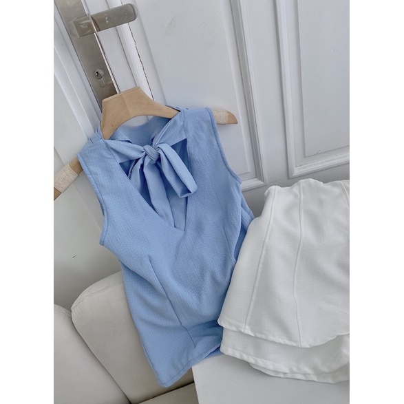 SET ÁO XANH CỔ ĐỔ THẮT NƠ LƯNG + QUẦN SHORT VÁY TẦNG