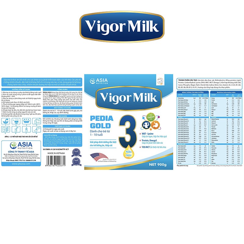 [TẶNG 1 KIDS GOLD 400G] COMBO 2 HỘP VIGOR MILK PEDIA GOLD 900G