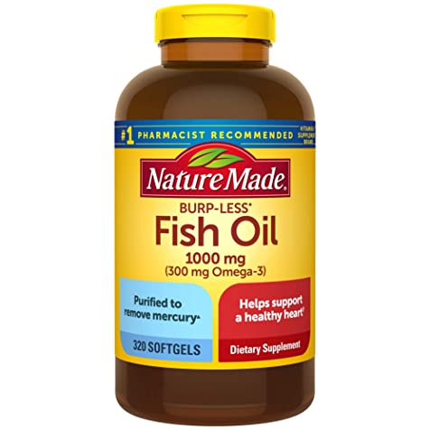 Dầu cá Omega-3 , Nature Made Burp-Less Fish Oil 1000 mg with 300 mg Cholesterol , 320 viên - Date: 12/2023 ,vón cục nhẹ,