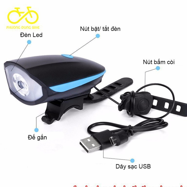 Đèn xe đạp led 3 chế độ siêu sáng còi to sạc USB chống nước tuyệt đối