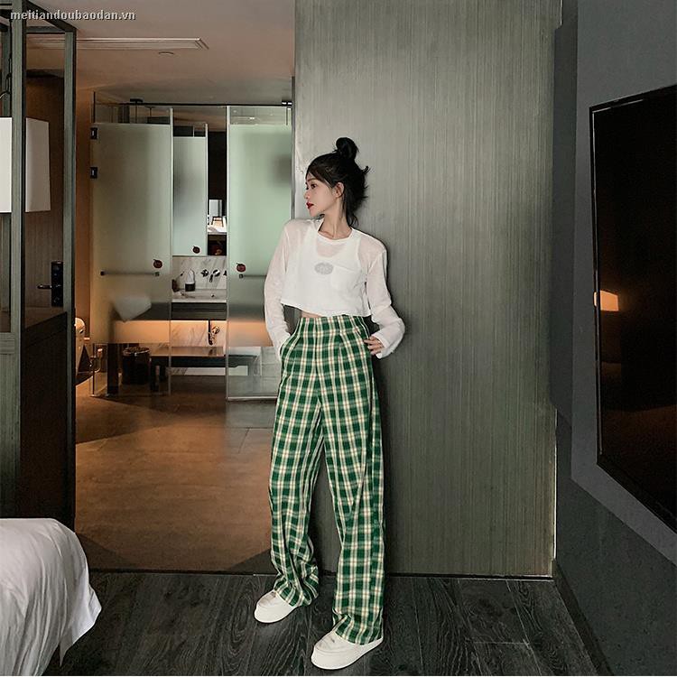 ﹉▨┅Summer Korean version of 2020 new high waist loose drape wide-leg trousers ins all-match plaid casual pants women’s trend