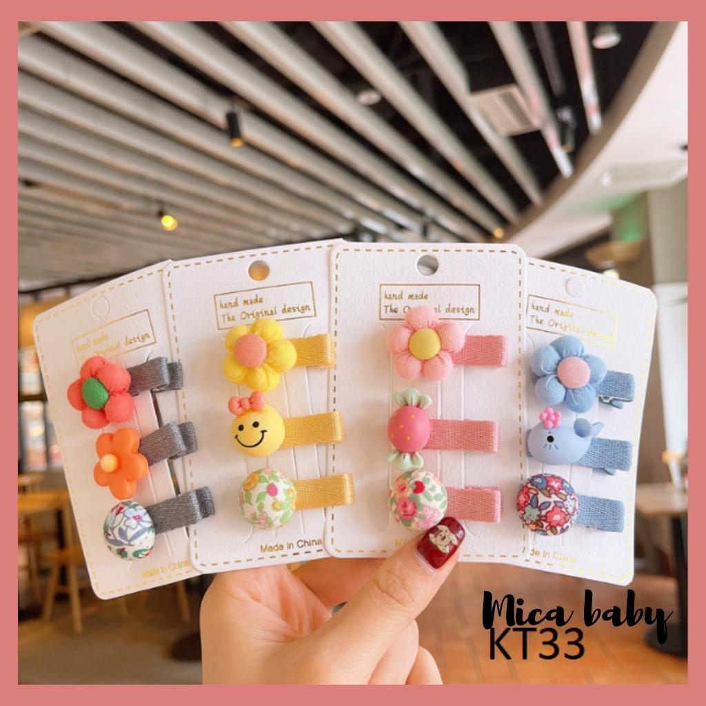 Set 3 kẹp tóc bọc vải gắn hình hoa dễ thương cho bé gái KT33 Mica Baby