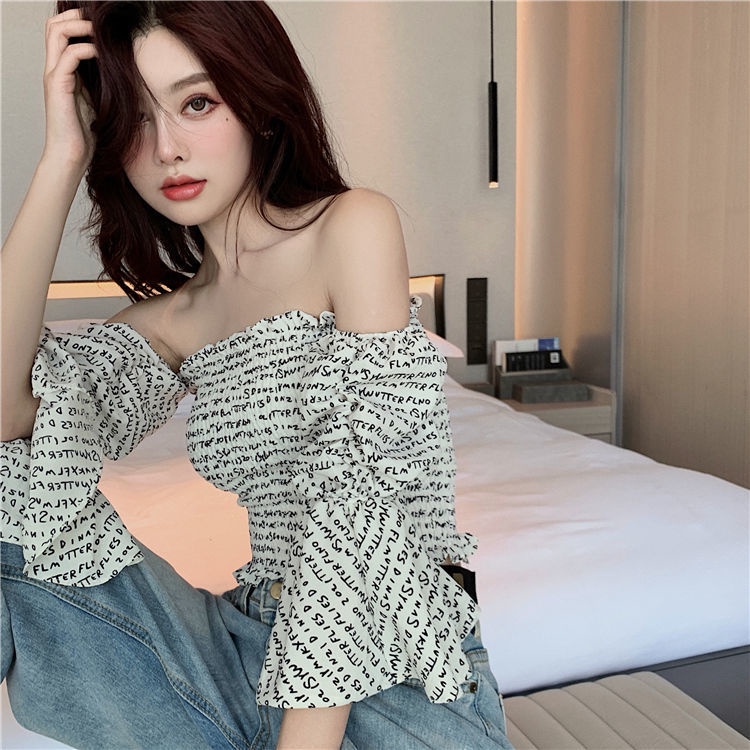 Áo Voan Trễ Vai Tay Phồng In Chữ Phong Cách Hàn Quốc Dành Cho Nữ