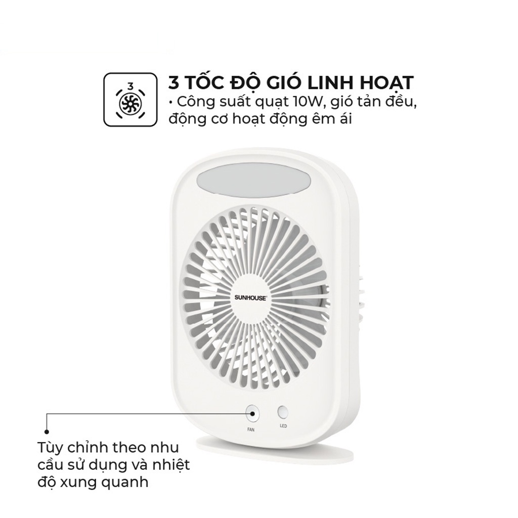 Quạt Mini Để Bàn Tích Điện Sunhouse SHD7110 -Quạt Sạc Mini Tích Hợp Đèn Ngủ 2 In 1 , 3 Chế Độ Gió Tùy Chỉnh Linh Hoạt