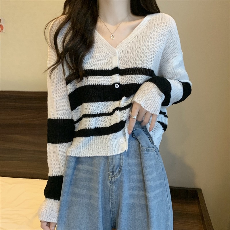 ZHELIHANGFEI Áo Cardigan Dệt Kim Tay Dài Cổ Chữ V Lưng Cao Kẻ Sọc Dễ Phối Đồ