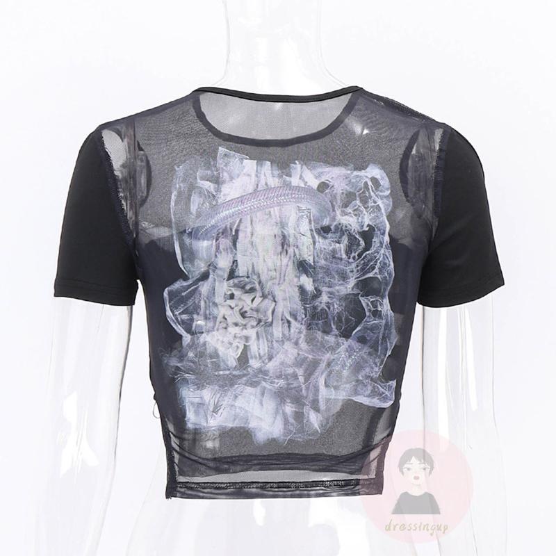 Áo Crop Top Tay Ngắn Cổ Tròn Phối Lưới Thời Trang Mùa Hè Cho Nữ