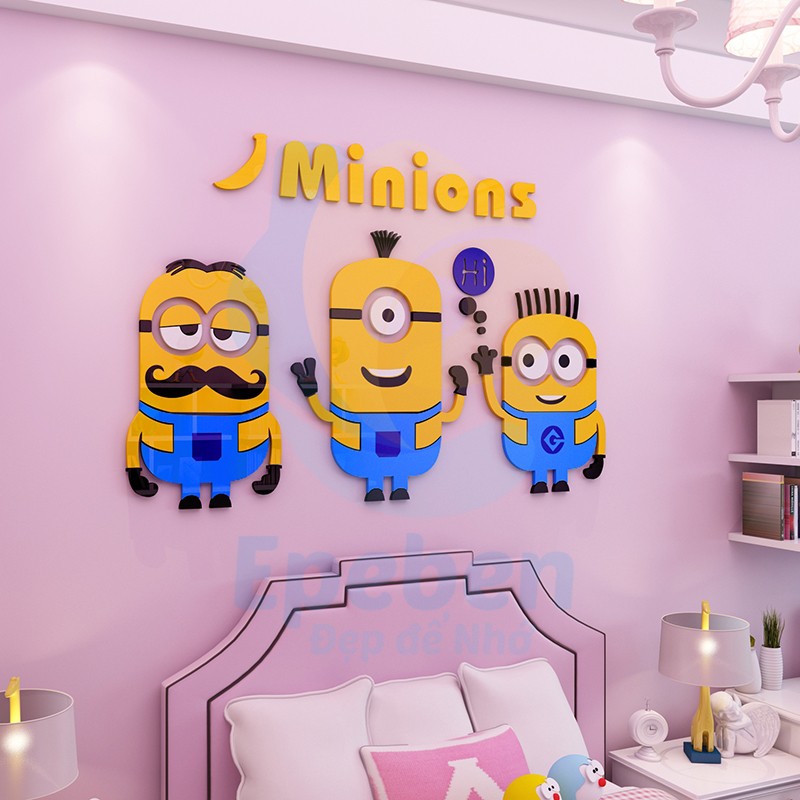 Tranh Dán Tường Mica 3D Kẻ Cắp Mặt Trăng Minions Trang Trí Mầm Non, Mẫu Giáo, Phòng Cho Bé