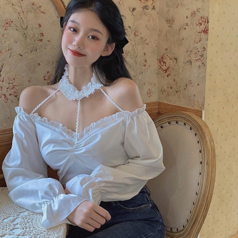 Áo vải voan tay dài cổ yếm thân ngắn thiết kế gợi cảm thời trang cho bạn gái