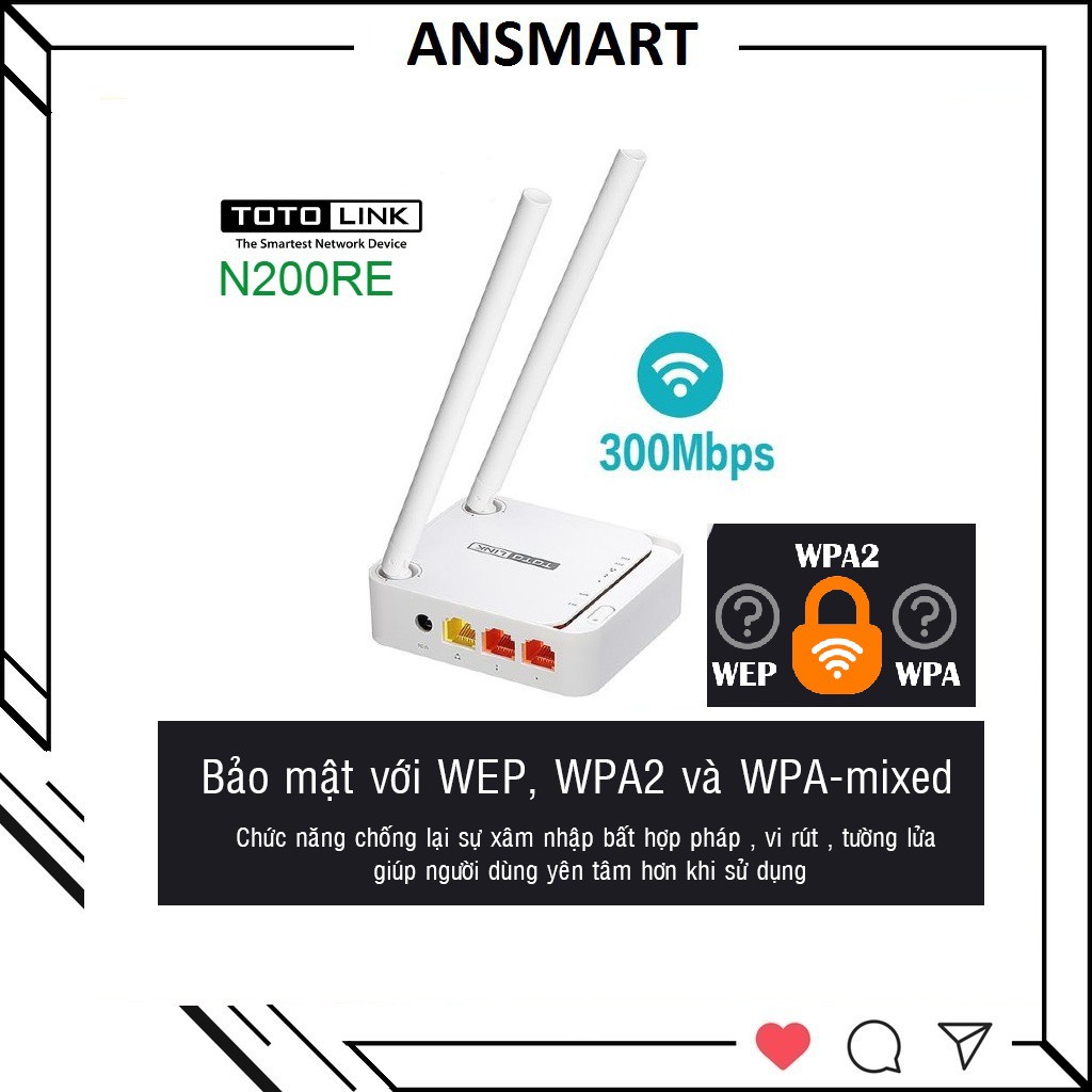 Router WiFi TOTOLINK N200RE - v3 300Mbps (trắng) - Hãng phân phối chính thức