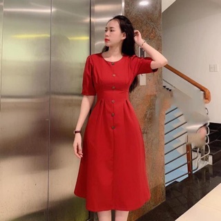 Đầm đỏ xoè tay phồng xếp eo