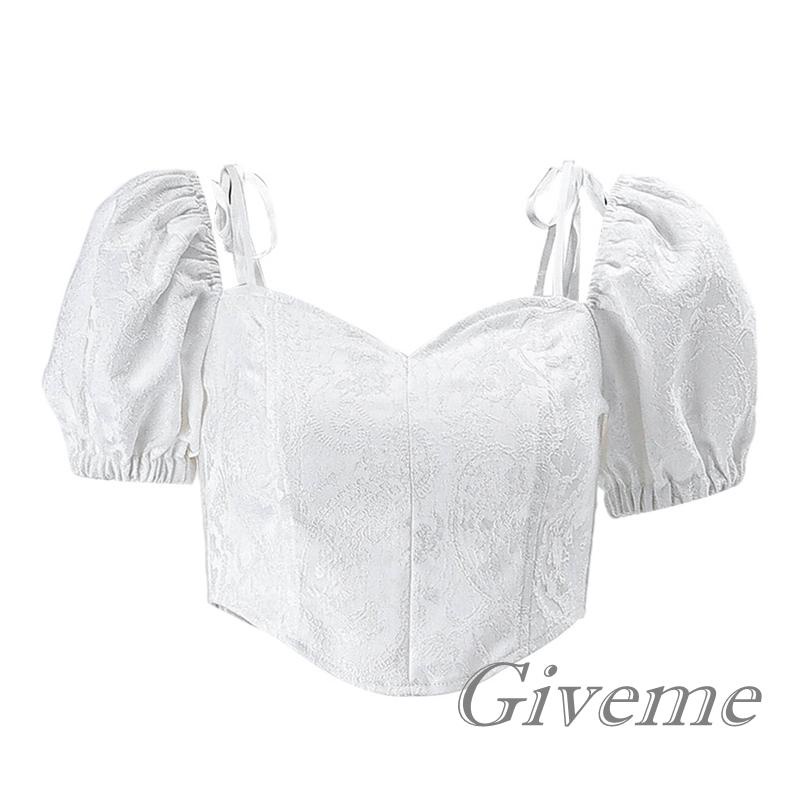 Áo Croptop Tay Phồng Ngắn Cổ Buộc Dây Thời Trang Cho Nữ