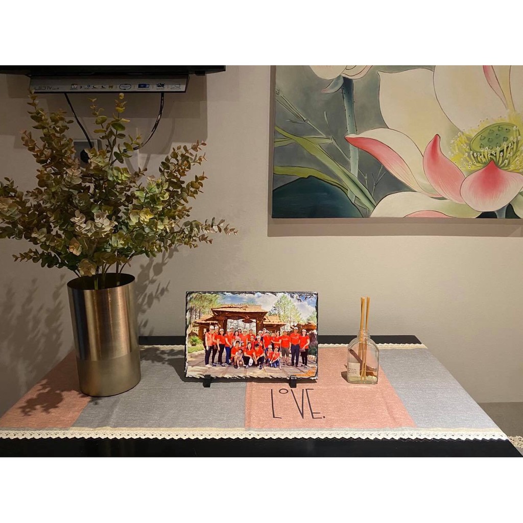 Khăn trải bàn đẹp Landecor mẫu ô vuông lớn hồng, xám,be trang nhã (khổ 2,4 m)-TB506