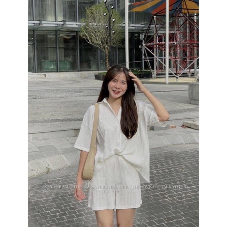 Sét Áo Sơ Mi Thắt Nơ Sau Kèm Quần Short Cạp chun Bộ Sơ Mi Tay Lỡ Ulzzang Unisex(Hàng Sẵn)