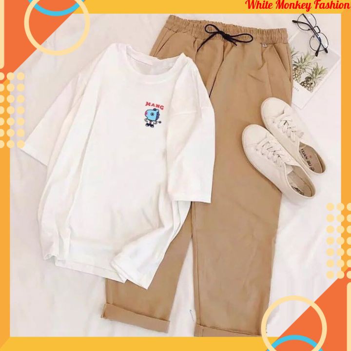 Sét Đồ Nữ Mặc Đi Chơi, Dự Tiệc, Mặc Ở Nhà Mùa Hè, Áo Phông Cotton In Logo MANG Mix Quần Kaki Phong Cách Teen Hàn Quốc