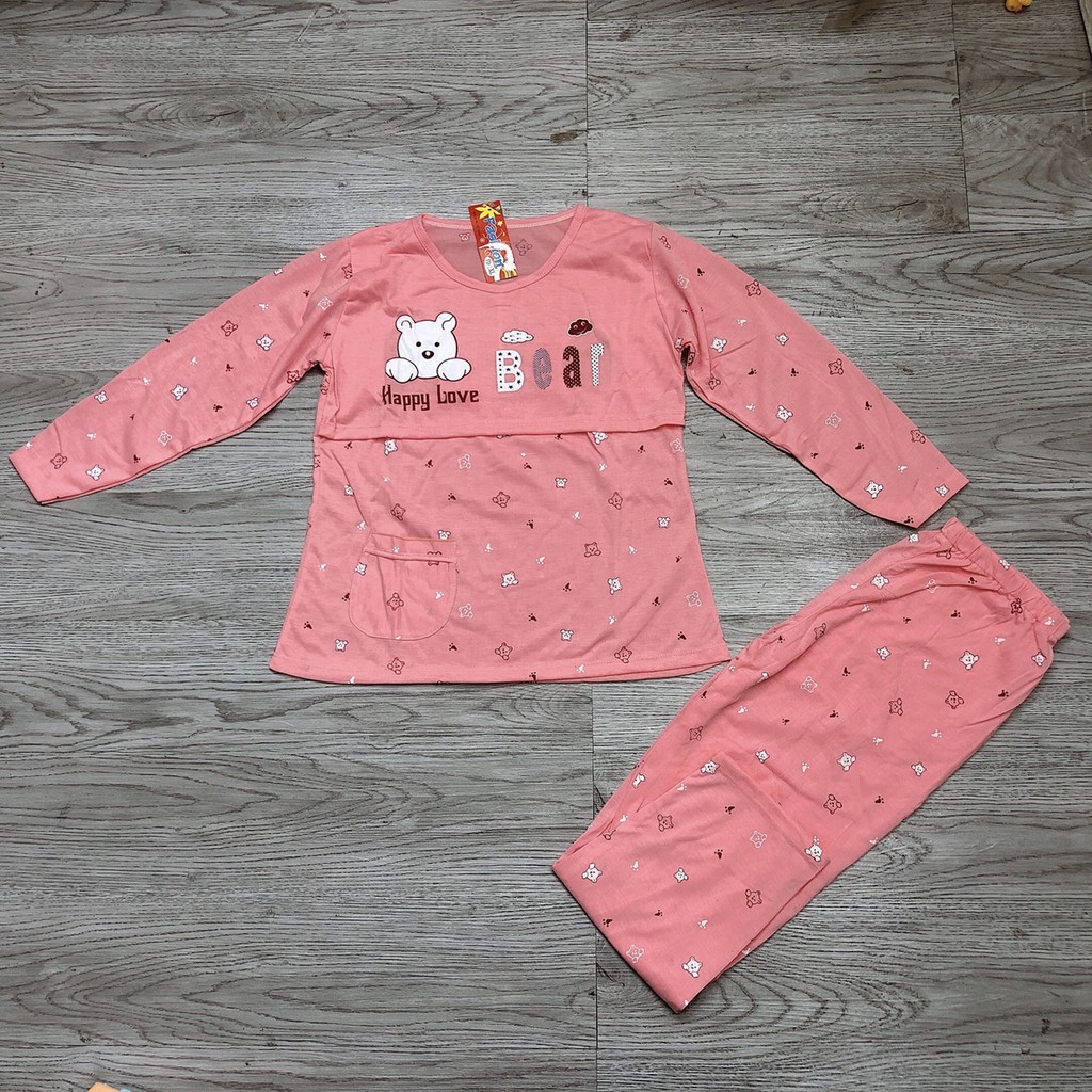 Bộ bầu sau sinh cho mẹ dài tay cotton lật ngực vạt ti giúp bé bú quần có chun chỉnh bụng thoải mái Bear gấu BB01