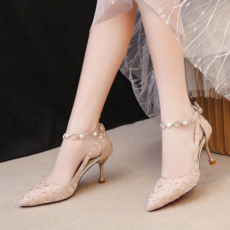 ✟Gentle net red one-word buckle French stiletto high heels pointed toe pearl temperament dress shoes 2021 new style