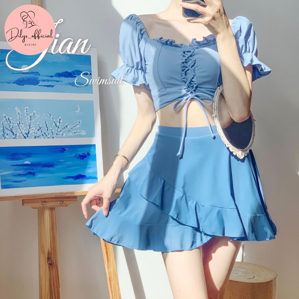 Đồ bơi nữ 2 mảnh kín đáo DILYS 8357, Bikini đi biển phong cách hàn quốc áo bèo trễ vai chân váy trẻ trung, hiện đại