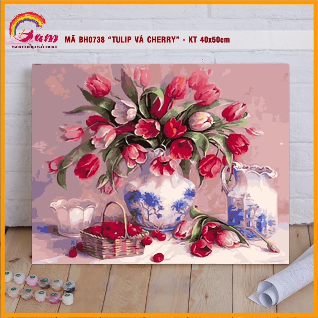Tranh sơn dầu số hoá DIY tự vẽ bình hoa tĩnh vật - Mã BH0738 Hoa Tulip và cherry