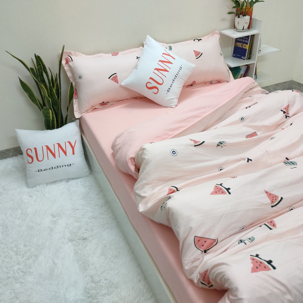 Bộ Chăn Ga Gối SUNNY Bedding Mẫu Dưa Hấu Màu Hồng Nhẹ Nhàng Cho Nệm Drap M2,M4,M6,M8,2m2 Chất Liệu Cotton Poly