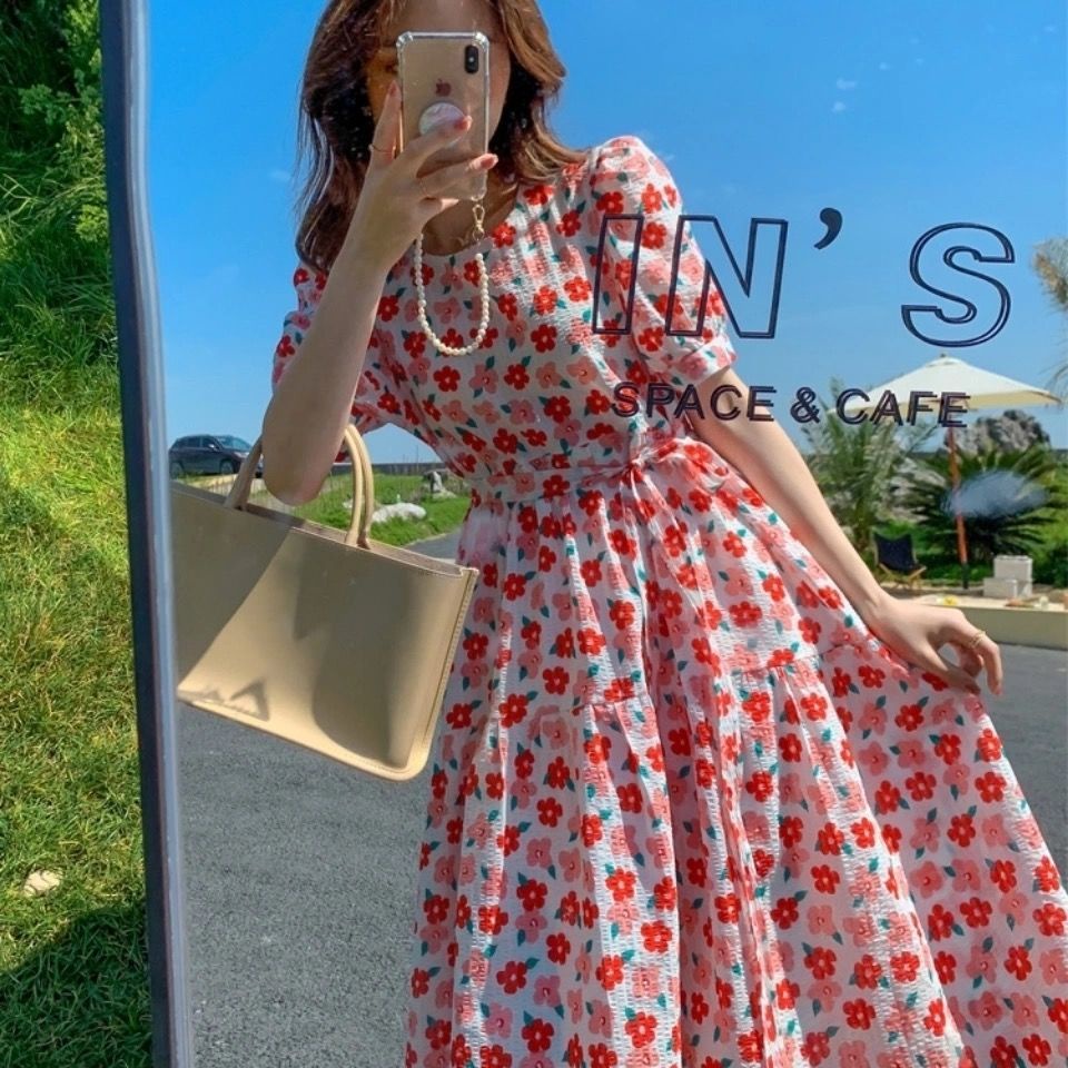 Đầm Dáng Dài Tay Phồng In Họa Tiết Hoa Nhỏ Xinh Xắn Thời Trang Pháp 2022