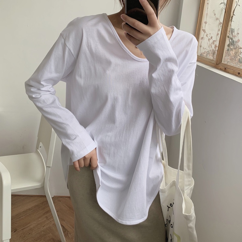 Áo thun dài tay cổ chữ v màu trơn thiết kế mới thời trang theo phong cách hàn quốc