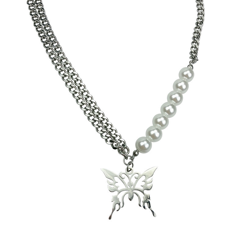 Dây Chuyền Nhiều Lớp Mặt Hình Bướm Đính Ngọc Trai Phong Cách Hip Hop